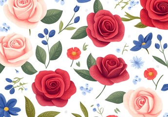 Seamless Floral Pattern with Pink and Red Roses