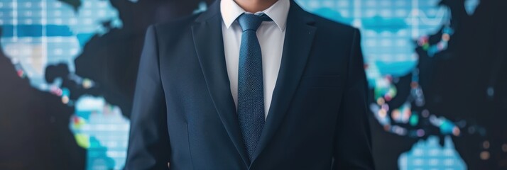 Business professional wearing a suit and tie, standing against a digital world map and global data background, symbolizing international business and strategy.