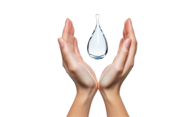 Pair of hands gently holding a single droplet of water isolate on transparent background, cutout, png