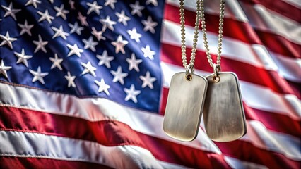 Military dog tags hanging from a flag honoring sacrifice and bravery in service - Powered by Adobe