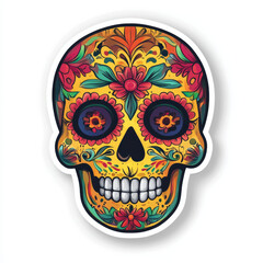 Colorful, intricately designed sugar skull with bold floral patterns, celebrating the Mexican Day of the Dead tradition on a white background.
