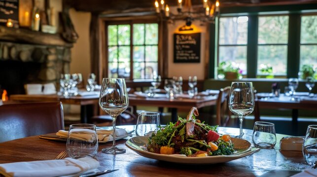 A charming farm-to-table restaurant showcases seasonal dishes made from locally sourced produce,