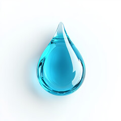 Close-up of a pristine blue water droplet isolated against a white background, symbolizing purity, hydration, and freshness.
