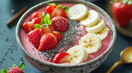 A vibrant fruit smoothie bowl topped with sliced bananas, strawberries, and chia seeds.