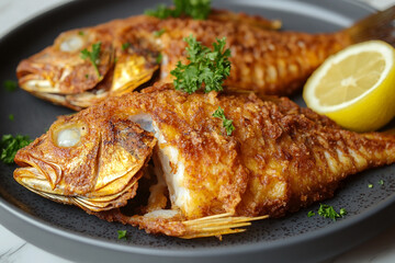 tasty fried fish on a plate with some green Coriander and lemon generated by AI