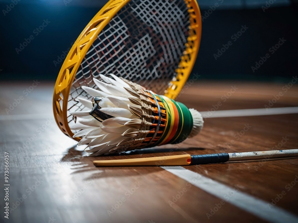 Poster dynamic badminton logo with shuttlecock and racket for various uses