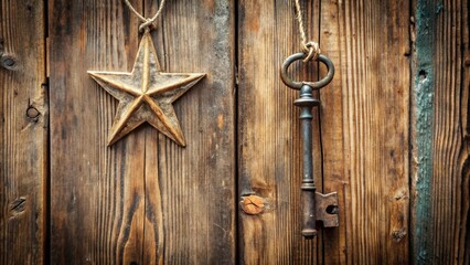 Skeleton key and star ornament hanging on rustic wooden door