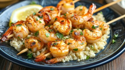 Fototapeta premium A vibrant plate of grilled shrimp skewers served with a side of couscous and a lemon wedge.
