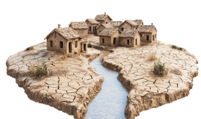 Desolate village scene showcasing dry, cracked land isolate on transparent background, cutout ,png