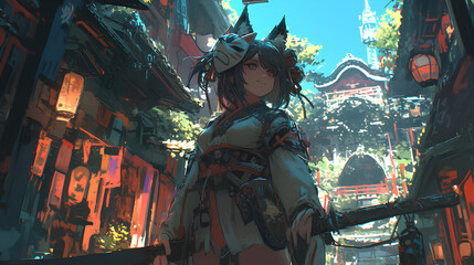 close-up portrait of an anime girl with fox ears and fox tail Traditional Japanese fantasy background