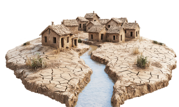 Desolate village scene showcasing dry, cracked land isolate on transparent background, cutout ,png