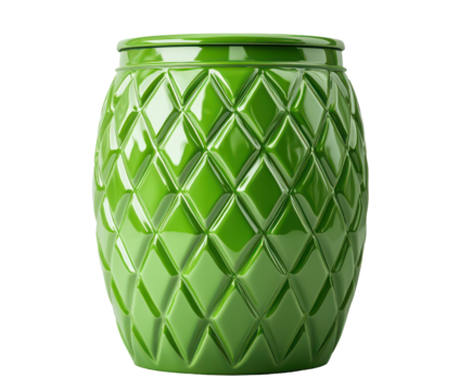 Elegant green ceramic jar with a diamond pattern isolate on transparent background, png, cutout