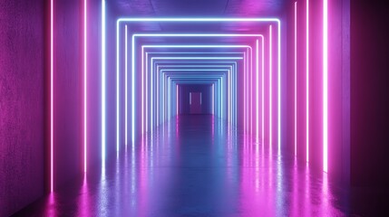 Fototapeta premium A long, narrow corridor with glowing neon lights in pink and blue.