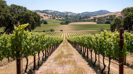 Naklejka premium A charming summer backdrop with a picturesque vineyard. Rows of grapevines stretch out under the bright sunlight,