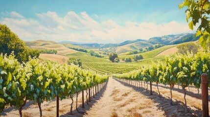 A charming summer backdrop with a picturesque vineyard. Rows of grapevines stretch out under the bright sunlight,