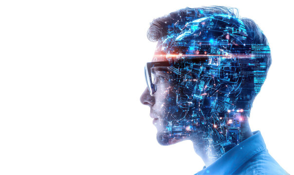 Innovative concept of human intelligence enhanced by technology isolate on transparent background, cutout, png