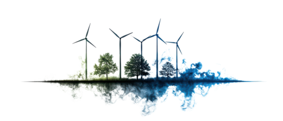 Wind turbines and trees reflecting in water isolate on transparent background, cutout, png