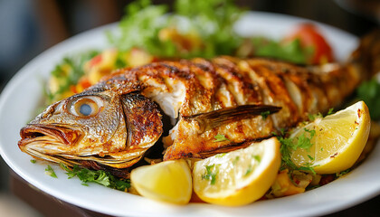 tasty fried fish on a plate with some green Coriander and lemon generated by AI
