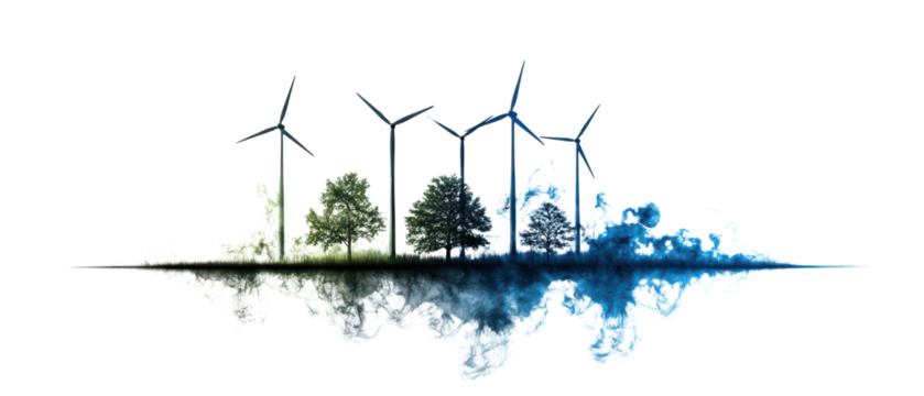 Wind turbines and trees reflecting in water isolate on transparent background, cutout, png