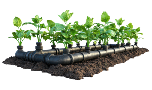 Modern irrigation system with healthy plants thriving in soil isolate on transparent background, cutout ,png