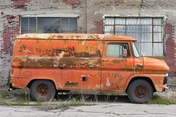 A vintage orange van, weathered and rusted, stands neglected against a rundown brick building adorned with peeling paint and broken windows.
