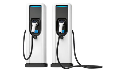Two electric vehicle charging stations with modern design for efficient isolate on transparent background, cutout, png