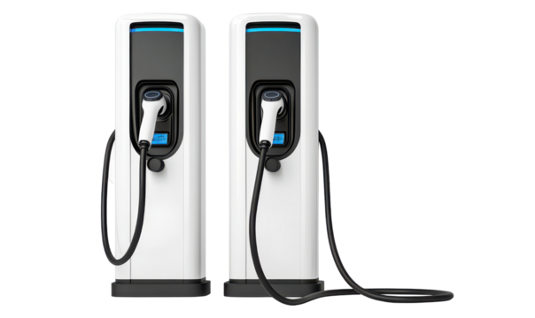 Two electric vehicle charging stations with modern design for efficient isolate on transparent background, cutout, png