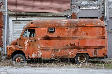 The old delivery van, covered in rust and peeling paint, sits idle next to a crumbling building, surrounded by overgrown grass under a clear sky.