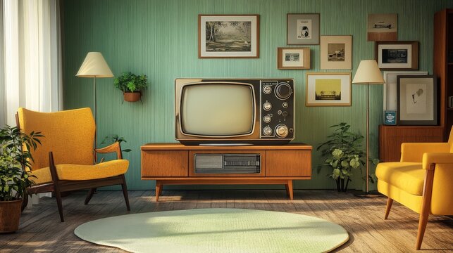 A classic television set with dials and a boxy screen, set in a retro living room with vintage furniture, evoking the early days of TV technology.
