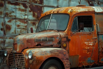 A weathered, orange delivery truck displays years of rust and neglect, parked beside a dilapidated warehouse in a green, overgrown area on a cloudy day.