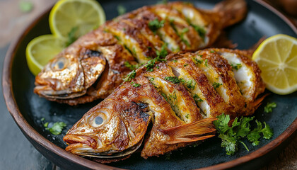 tasty fried fish on a plate with some green Coriander and lemon generated by AI
