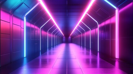 Fototapeta premium A long, narrow corridor with glowing neon lights in pink and blue.