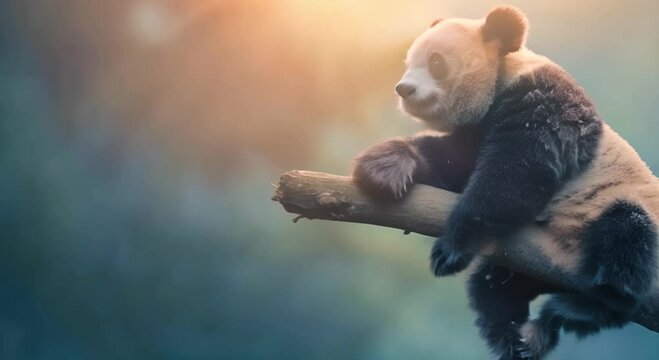 A Cute Panda Cub Sits on a Branch, Looking Pensive