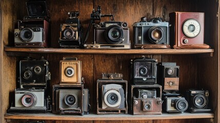 A collection of antique cameras on a wooden shelf, showcasing the evolution of photography