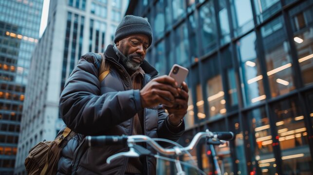 middle aged man looking at his cell phone on a public road on his bicycle