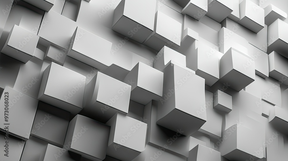 Poster abstract background with a 3d effect, featuring cubes and geometric shapes in shades of gray and whi