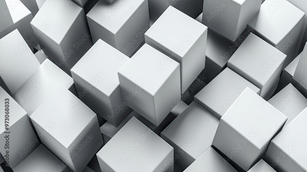 Poster abstract background with a 3d effect, featuring cubes and geometric shapes in shades of gray and whi