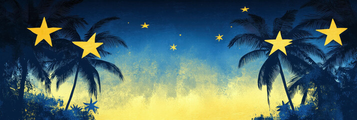 Happy Independence day of Nauru. Palm trees against starry sky. Seascape. Tropical landscape. Horizontal banner. Free space for text. Copy space. Flat illustration. Blue and yellow background