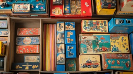 A collection of vintage board games and toys, bringing back memories of simpler times and family fun