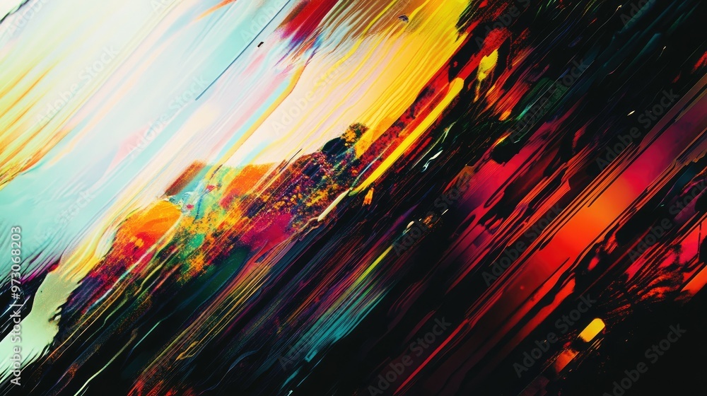 Poster abstract background with a glitch effect, featuring distorted lines and colors reminiscent of a digi