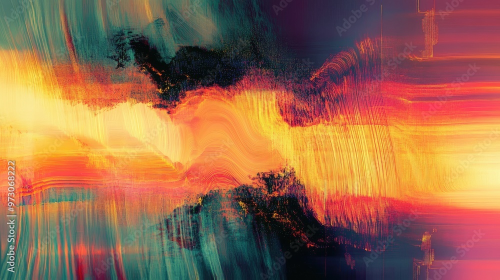 Poster abstract background with a glitch effect, featuring distorted lines and colors reminiscent of a digi
