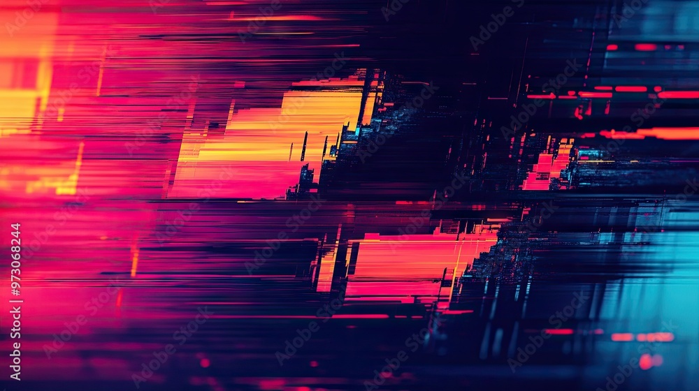 Poster abstract background with a glitch effect, featuring distorted lines and colors reminiscent of a digi