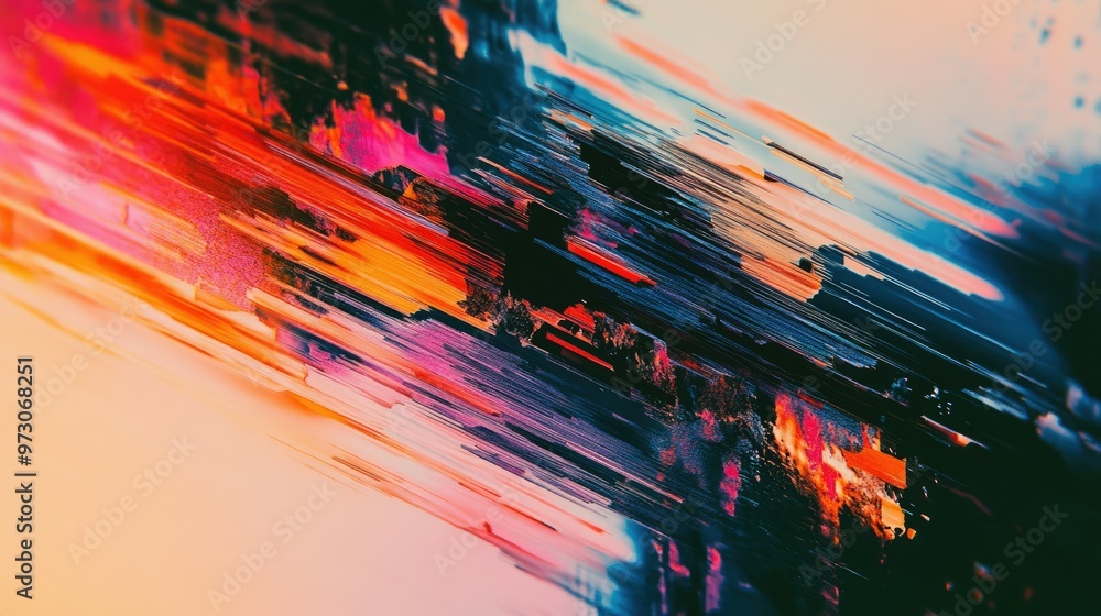 Poster abstract background with a glitch effect, featuring distorted lines and colors reminiscent of a digi