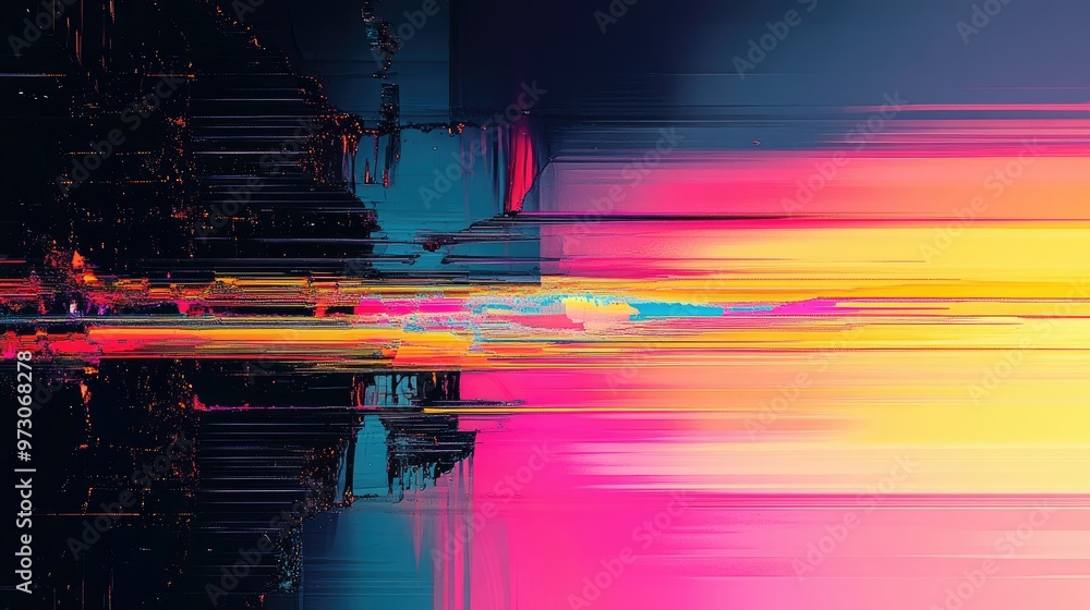 Poster abstract background with a glitch effect, featuring distorted lines and colors reminiscent of a digi