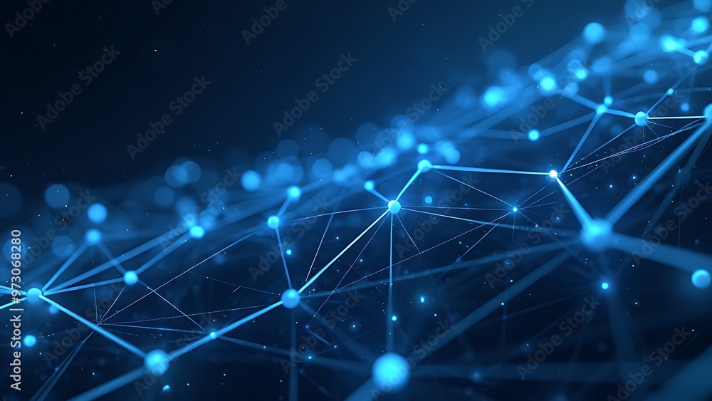 Poster network of blue lines and nodes against a dark background, creating a futuristic and technological f