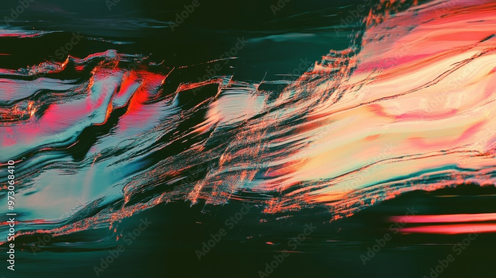 Poster abstract background with a glitch effect, featuring distorted lines and colors reminiscent of a digi