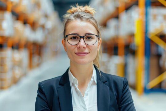 Confident businesswoman wearing glasses and a blazer, standing in a large warehouse with shelves filled with inventory in the background.