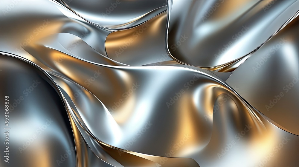 Poster abstract background with a metallic sheen, featuring overlapping shapes in silver and gold tones. -
