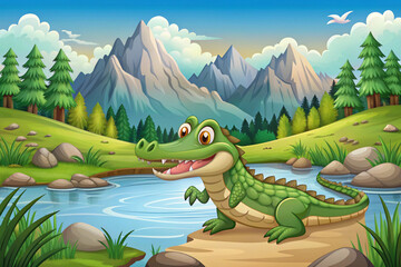 A Green Crocodile Sitting by a Lake in a Mountainous Landscape