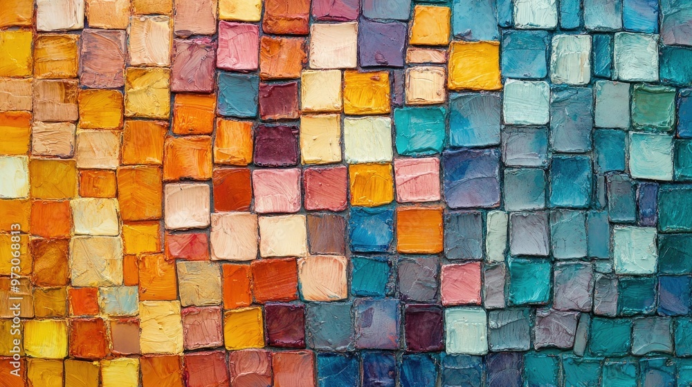 Poster abstract background with a mosaic pattern of small, colorful tiles arranged in a random order.